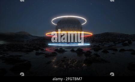 3d Neon futuristischen Objekt auf regen Planeten moderne Technologie sci fi 3d-Rendering Stockfoto