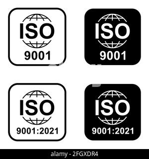 Satz mit ISO 9001-Symbol. Symbol für Standardqualität. Vektor-Button-Zeichen auf weißem Hintergrund isoliert. Stock Vektor
