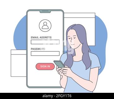 Online-Registrierung und Anmeldung Konzept. Junge Frau, die sich über die Smartphone-App beim Online-Konto anmeldet oder sich dort anmeldet. Benutzeroberfläche. Sichere Anmeldung Stock Vektor
