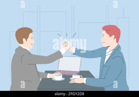 Business Team, Win Coworking, Erfolg, Zielerreichung Kooperationskonzept. Geschäftsleute Büroangestellte Manager Partner feiern zusammen. Stock Vektor