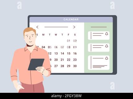 Planungszeitplan und Online-Kalenderkonzept. Business man Planung Tag Terminplanung in Kalender Anwendung. Der Mann fügt ein Ereignis, ein Meeting hinzu Stock Vektor