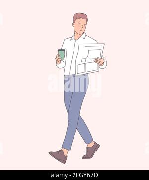 Geschäftsleute mit Kaffeepause Vektor-Konzept. Geschäftsmann trinkt heißen Kaffee und liest Zeitung. Flache Vektorgrafik Stock Vektor