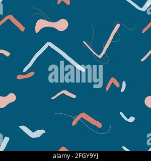 Abstrakte Kunst nahtlose Muster mit organischen und Vogel Formen mit Erdtönen auf blauem Hintergrund. Für Textil, Geschenkpapier, Print, Poster, Tapete Stock Vektor