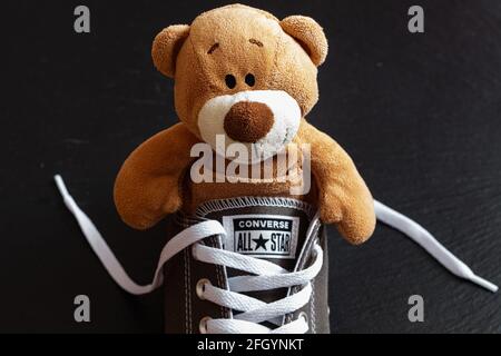 Lviv, Ukraine: 9. April 2021: Plüschbär in grauen Converse All Star Schuhen auf schwarzem Hintergrund Stockfoto