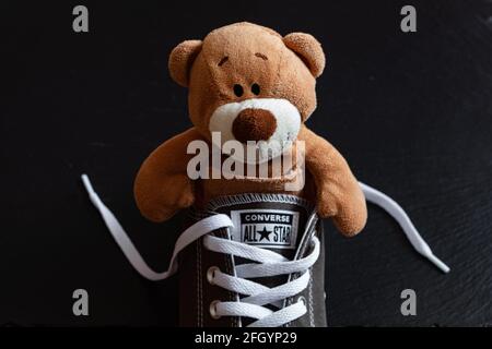 Lviv, Ukraine: 9. April 2021: Plüschbär in grauen Converse All Star Schuhen auf schwarzem Hintergrund Stockfoto