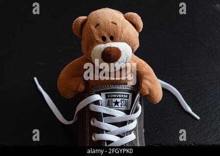 Lviv, Ukraine: 9. April 2021: Plüschbär in grauen Converse All Star Schuhen auf schwarzem Hintergrund Stockfoto