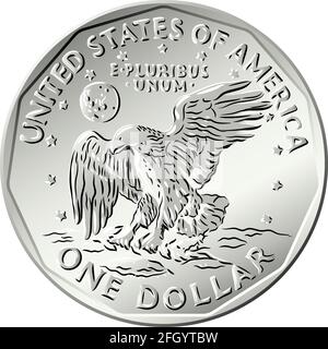 Amerikanisches Geld Susan B Anthony-Dollar, eine Dollar-Münze mit Adler-Lorbeer-Zweig auf der Rückseite Stock Vektor