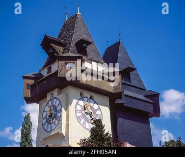 Österreich. Dies ist der berühmte Schlossberg-Uhrenturm in Graz, der zweitgrößten Stadt Österreichs in der Steiermark im Südosten Österreichs, unweit der Grenze zu Slowenien. Stockfoto