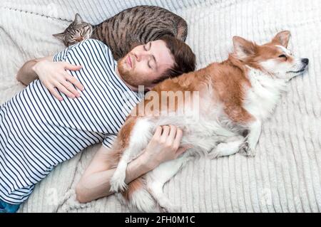 Porträt eines jungen schlafenden Mannes mit seinem Hund und Katze auf dem Bett Stockfoto