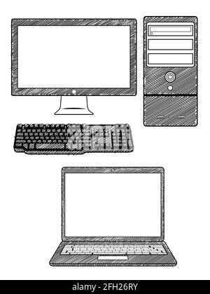 Skizze Computer PC Laptop Doodle Outline Vektor Illustration Zeichnung Stock Vektor