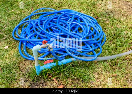 Blauer Gartenwasserschlauch grüner Kunststoffspritzschlauch für die Bewässerung Liegen im Garten auf grünem Gras Stockfoto