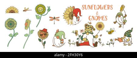 Gnome mit Sonnenblume, Sommer-Gnome, Zeichnung von Gnomen mit vielen Aktivitäten und Sonnenblume, bunte Elemente für den Sommer, Vektor-Illustration. Stock Vektor