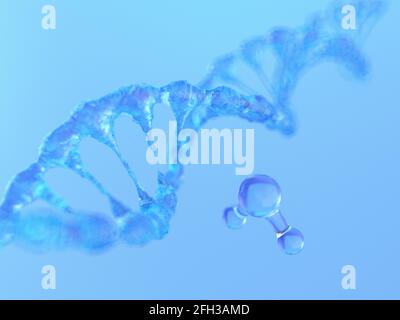 Wissenschaftlicher Hintergrund mit DNA-Molekülen aus Wasser. 3D-Rendering Stockfoto