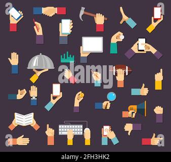 Hände mit Objekten. Vector Hände halten Geräte und Werkzeuge. Hand und Objekt, Gerätewerkzeug Hand, Gerätehand, menschliche Hand mit mobiler Kommunikation illus Stock Vektor