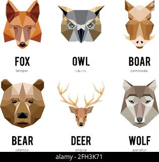 Tierlogos mit niedrigem Polygon. Dreieckige geometrische Tiere Logo-Set. Bear low Polygon Logo, Hirsch low Polygon Logo, Fuchs low Polygon Logo, Wildschwein und Wolf niedrig Stock Vektor