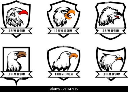 Vektoradler oder amerikanische Falkenköpfe mit Schilden-Logo-Vorlagen. Satz von Logo mit Schild und Adler Illustration Stock Vektor