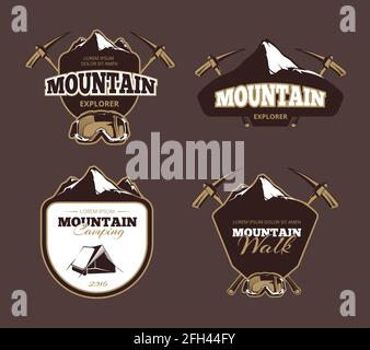 Mountain Exploration Retro Vektor Embleme, Etiketten, Abzeichen, Logos Set. Mountain Emblem, Label Mountain Exploration, Abzeichen vintage Berg Exploration Stock Vektor