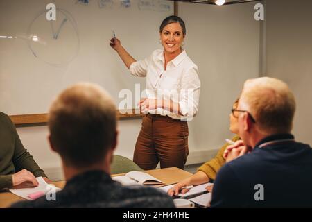 Manager präsentiert den Kollegen eine Geschäftspräsentation. Unternehmer, der seinen Mitarbeitern ein Projekt präsentiert. Stockfoto