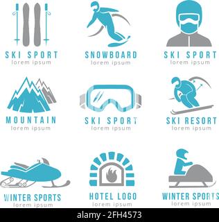 Logo des Skigebiets und Berghotels mit Ski- und Snowboardsport. Satz von Logo für Hotel und Skigebiete Illustration Stock Vektor