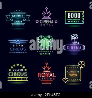 Neon-Zirkus- und Kino- oder Filmvektorembleme. Kinoshow, Reklametafel leuchtendes Kino, Banner Kinofilm, Zirkus Unterhaltung Emblem Illustration Stock Vektor