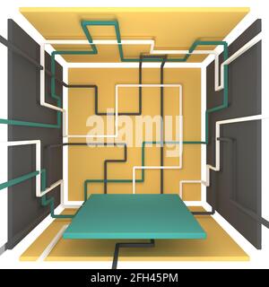 Box mit geometrischen Formen, um Produkte zu demonstrieren. Muster von Linien in verschiedenen Farben an den Wänden. Produktständer unten. 3d-Illustration Stockfoto