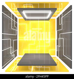Ein leerer, quadratischer Raum mit hellen Neonlichtern an den Wänden. Die Unterseite ist ein Ständer für Ihr Produkt, die Oberseite ist eine weiße Lampe. Heller geometrischer Hintergrund Stockfoto