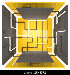 Box mit geometrischen Formen mit einer Plattform für Produktdemonstration. Linien und Figuren in gelb, grau und weiß. 3d-Illustration Stockfoto