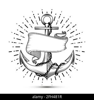 Vintage Anker mit Band Skizze Matrosen Tattoo Vektor Illustration. Seeanker mit Kette Stock Vektor