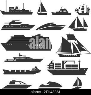 Symbole für Schiffe und Boote. Schifffahrt, Schiff, Schifffahrt und Fischerboot Vektorschilder. Schwarze Silhouette von Schiffsfahrzeugen Illustration Stock Vektor