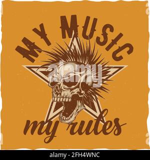 Musik-Thema T-Shirt-Label-Design mit Illustration von wütenden Schädel Mit Haaren Stock Vektor