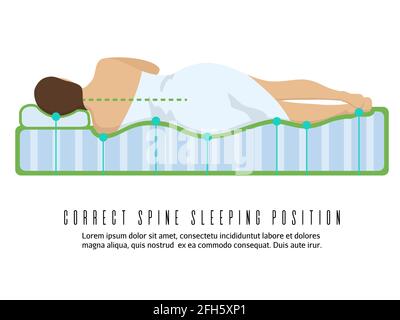 Ergonomische orthopädische Matratzendarstellung. Korrekte Schlafposition der Wirbelsäule für die Gesundheit Stock Vektor