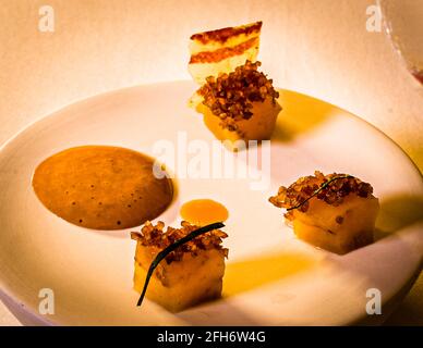 Ein Amuse-bouche, "mit freundlicher Genehmigung der Küche", eröffnet die Verkostungsmenükarte des mit einem Michelin-Stern ausgezeichneten Kochs Thomas Kellermann im Restaurant "Kastell" im Schloss Wernberg, Wernberg-Köblitz, Oberpfalz, Deutschland: drei Würfel Auberginen, einer fruchtig, einer herzhaft und salzig, belegt mit knusprigem Pancetta. Eine cremefarbene Sauce und ein dünnes Waffel ergänzen das Gericht. Stockfoto