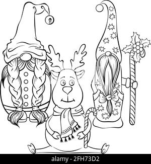 Zwei skandinavische Weihnachtsgnome und sitzende Hirsche Stock Vektor