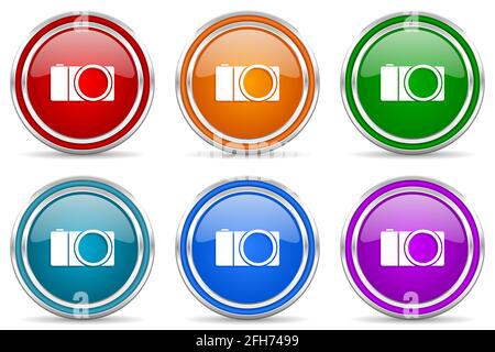 Spiegellose Kamera, Fotografie silberne metallic glänzende Symbole, Satz von modernen Design-Tasten für Web-, Internet-und mobile Anwendungen in 6 Farben Option Stockfoto
