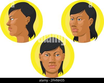 Afroamerikanische Frau Kopf Vorderprofilansicht Cartoon Vektorzeichnung Stock Vektor