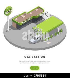 Isometrisches Hintergrundkonzept der Tankstelle mit Gebäude der Tankstelle Bilder erfahren mehr Schaltfläche und Text Vektor Illustration Stock Vektor