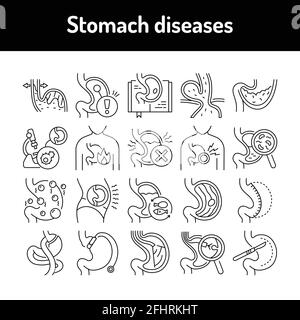 Symbole für die Linie „Magenerkrankungen“ eingestellt. Isoliertes Vektorelement. Skizzieren Sie Piktogramme für Webseite, mobile App, Werbung. Bearbeitbare Kontur. Stock Vektor