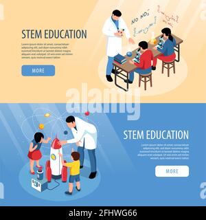 Isometrische Stiel-Banner-Sammlung mit Bildern von wissenschaftlichen Experimenten im Klassenzimmer Und menschliche Zeichen mit editierbarer Text-Vektordarstellung Stock Vektor