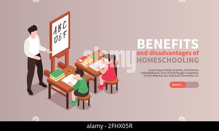 Home Schooling isometrisches horizontales Banner mit vor- und Nachteilen-Symbolen vektorgrafik Stock Vektor