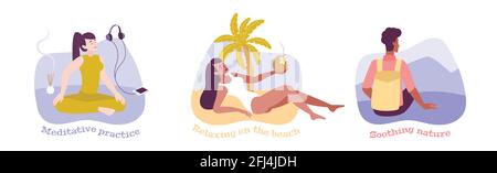 Entspannen Sie sich in flachen Kompositionen mit Menschen, die die Natur mit meditativer Praxis beruhigen Entspannung am Strand Vektor-Illustration Stock Vektor