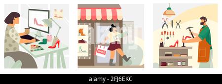 Schuhe Konzept 3 flache Kompositionen mit Frauen Schuhdesignerin glücklich Kunde verlässt Werkstatt Handwerker Reparatur Vektor Illustration Stock Vektor