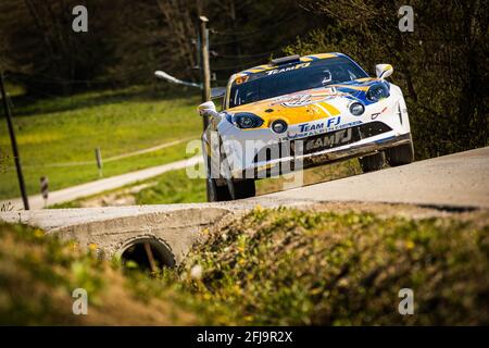 Zagreb, Kroatien. April 2021. 57 Panagiotis Yannick (Fra), Panagiotis Valérie (Fra), Alpine A110, Aktion während der Rallye Kroatien 2021, 3. Lauf der FIA WRC 2021, FIA Rallye-Weltmeisterschaft, vom 22. Bis 25. April 2021 in Zagreb, Kroatien - Foto Bastien Roux / DPPI Credit: DPPI Media/Alamy Live News Stockfoto