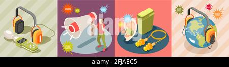Isometrisches Designkonzept für Lärmbelästigung mit 4x1-Kompositionen Mit Symbolen für aggressive Sounds und Vektorgrafik für Kopfhörer Stock Vektor