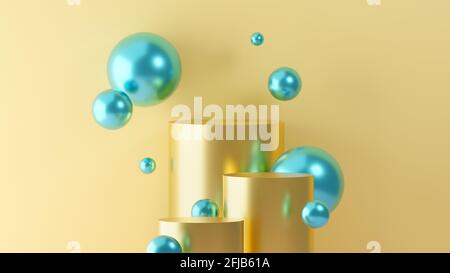 Shiny 3D Illustration von schwebenden Kugeln und drei Sockeln Stockfoto