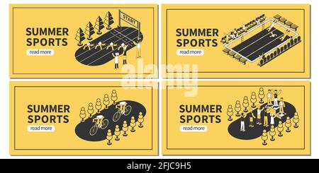 Sommer Sport Wettbewerb Satz von horizontalen Banner mit bearbeitbarem Text Weitere Informationen Schaltfläche und isometrische Bilder Vektordarstellung Stock Vektor