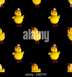 Gelbes Huhn auf schwarzem Hintergrund. Nahtloses Muster. Hochwertige Fotos Stockfoto
