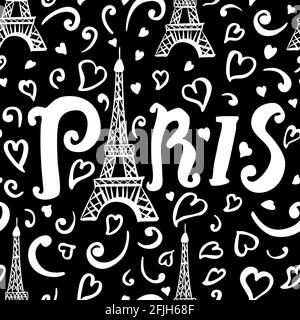 Paris Nahtloses Muster schwarz-weiß Farbe. Eiffelturm, Herzen, wirbelnde Skizze Grafik Illustration. Romantische frankreich Kunst Tapete. Nacht in Paris Stock Vektor