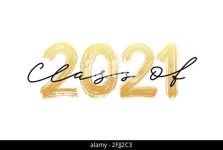 Klasse 2021. Moderne Kalligraphie. Handgezeichnetes Bürstenlogo. Jahrbuch „Design für Absolventen“. Vektorgrafik. Stock Vektor