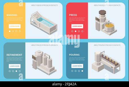 Olive Produktion Satz von vier horizontalen Banner mit isometrischen Bildern Von Werksausrüstungen Text und Schaltflächen Vektordarstellung Stock Vektor