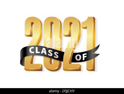 Class of 2021 Gold Lettering Graduation 3d Logo mit schwarzem Band. Diplomdesign Jahrbuch Vektor Illustration Stock Vektor